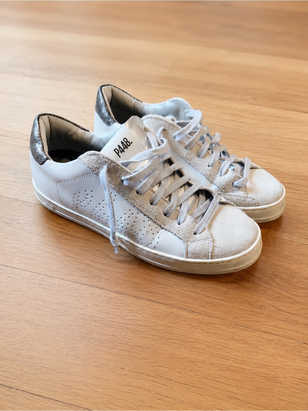 P448 White Sneakers with Silver Heel Accent
